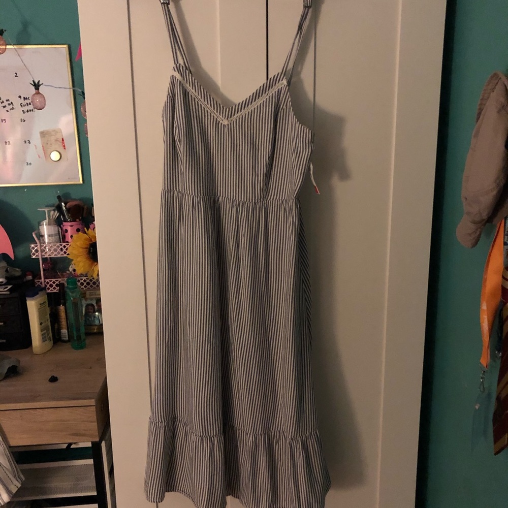 New Navy Blue and White Striped Cami Midi Dress